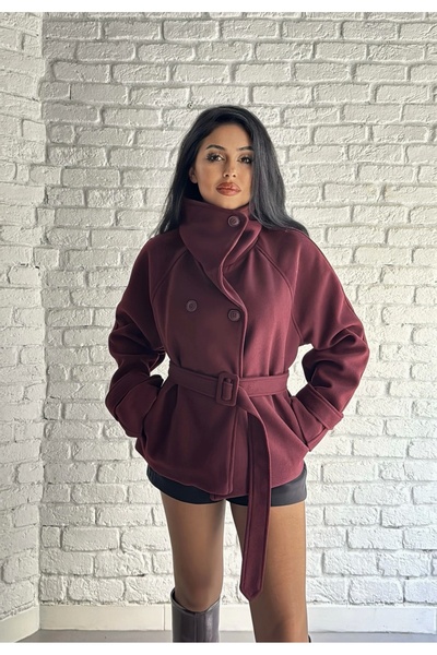 moneta boutique Palton scurt pentru femei, cu guler înalt, cu centură