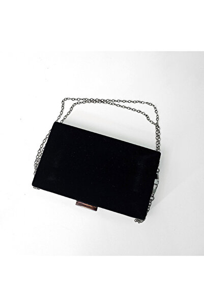 FashionForYou Geanta plic din catifea Jessyca, negru cu lant argintiu