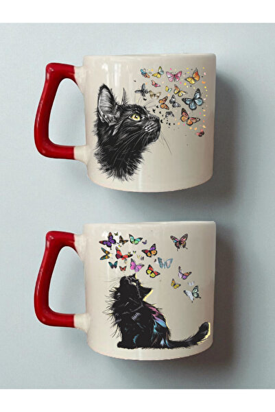 lili hediyelik Butterfly Cat 2-Piece Mug - New Year's Gift for Men, Men's Valentine's Day Gift, Best Gift