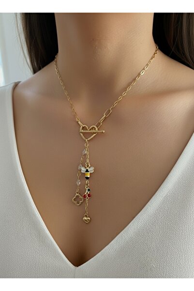 Alatakı Kalp Kilit Detaylı Arı ve Kiraz Charm’lı Paslanmaz Çelik Zincir Kolye