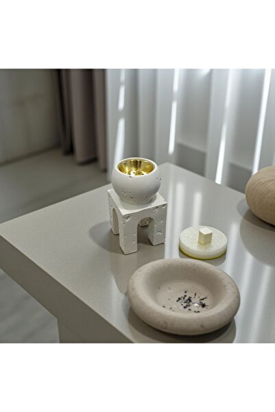 TBATIC Modern stone incense burner with a beige spherical cube design