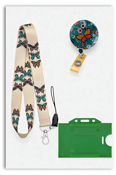 Mia Aurora Krem Kelebek Desenli Yoyo Yatay Kartlık Boyun Askı İpi Set 3SETY