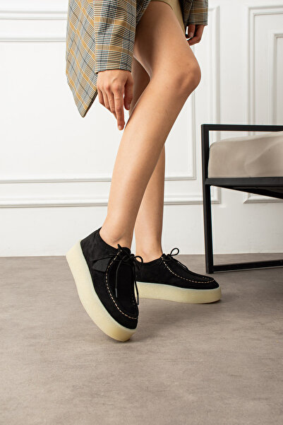Lorenn Black Suede Lace-Up Thick Sole Women's Loafer Shoes