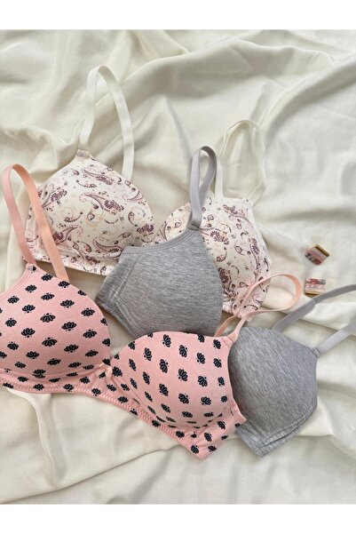 İNKO İÇ GİYİM Cotton Combed Cotton Wire-Free Unpadded 3-Piece Gathering Bra