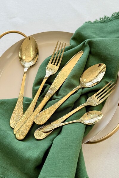 puun italy Antique 6 Person 36 Piece 18/10 Stainless Steel Cutlery Set (Gold)