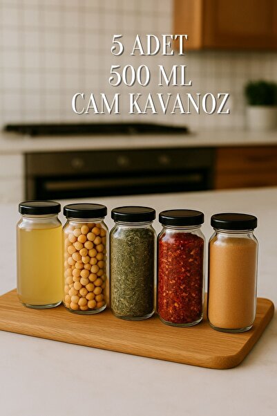 Tanemce 5 Adet 500 ml Metal Siyah Konserve Kapaklı Baharatlık, Bakliyatlık, İ...