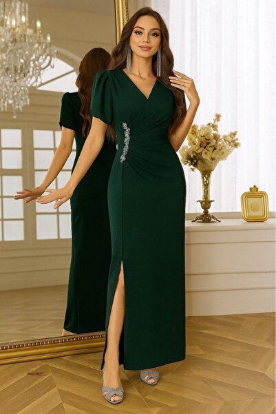 buğrahayalin Women's Short Sleeve Double Breasted Collar Waist Floral Accessory Slit Imported Crepe Dress