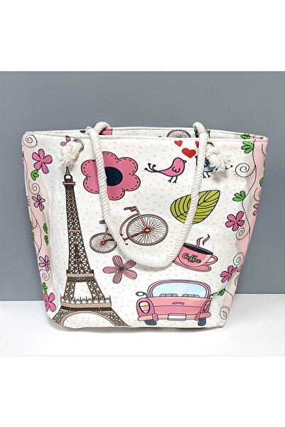 glovia bijuteri NRZSNT Плажна чанта с мотив Айфелова кула (12744) - бяла