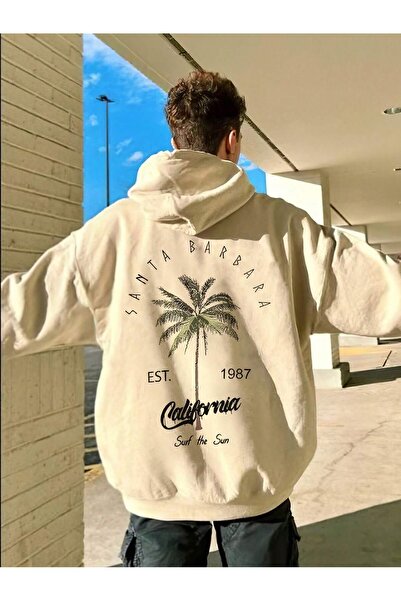 ModaQamar Santa Barbara Printed Oversize Kangaroo Pocket Hooded Sweatshirt Hoodie