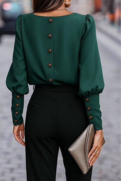 JANES Dámská krepová halenka s dlouhým rukávem a kulatým výstřihem na knoflíky