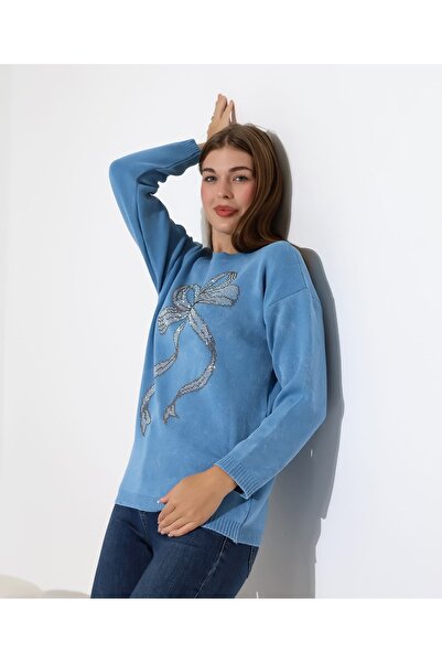 MILANOFOX Pulover cu mânecă lungă, cu decolteu rotund, cu detaliu de piatră din panglică, lavabil, elegant, confortabil, pentru zi cu zi, pentru femei, albastru