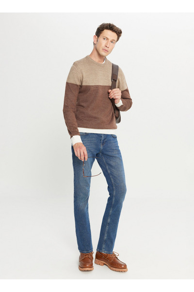 ALTINYILDIZ CLASSICS Crew Neck Standard Brown - Beige Men's Sweater Ace049261480_Khj