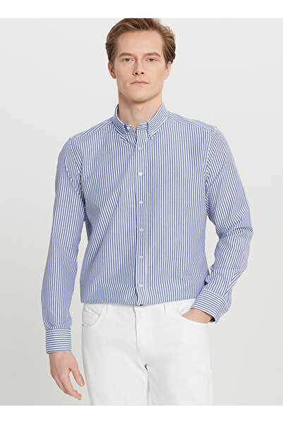 ALTINYILDIZ CLASSICS Tailored Fit Düğmeli Yaka Beyaz - Lacivert Erkek Gömlek ACE020261596_BZL