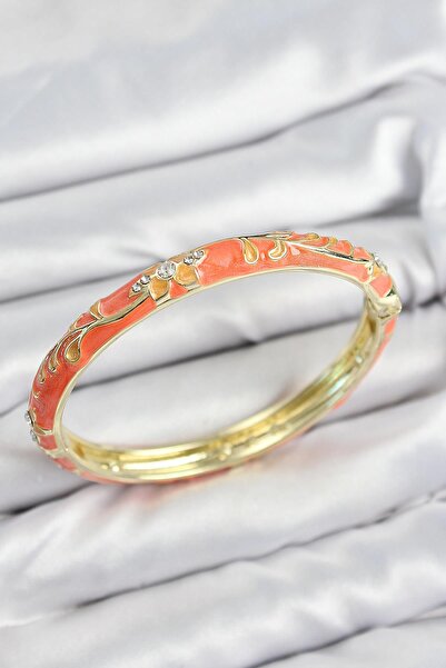 Inure Jewelry أصفاد نسائية ذهبية من النحاس المطلي بالمينا مع أحجار الزركون ونقش زهرة برتقالية للاستخدام اليومي