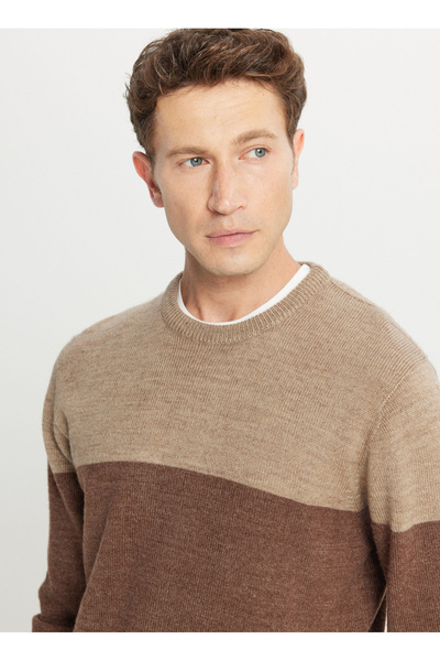 ALTINYILDIZ CLASSICS Crew Neck Standard Brown - Beige Men's Sweater Ace049261480_Khj