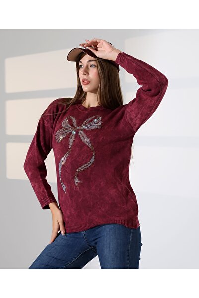MILANOFOX Ribbon Stone Detailed Washable Long Sleeve Crew Neck Stylish Comfortable Casual Women's Burgundy Knitwear Sweater