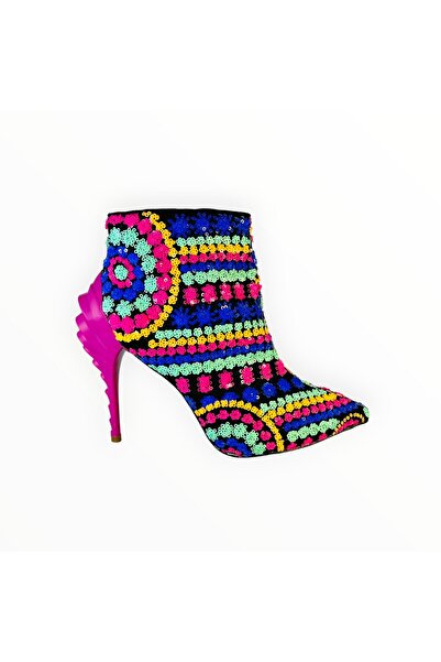 OEM Botine cu Toc Pink Palms Material Textil Negru si Paiete Colorate - Marimea 39 EU