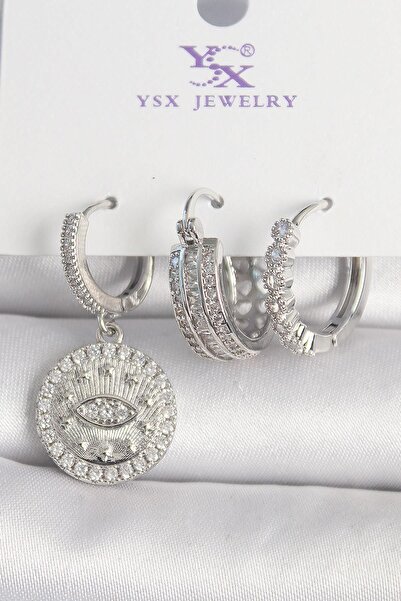 Inure Jewelry حلقة مرصعة بحجر الزركون بلون فضي نحاسي، طراز 3 قطع، أقراط نسائي...