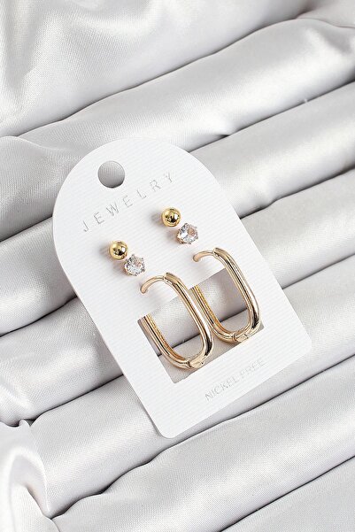 Inure Jewelry Brass Zircon Stone and Rectangular Shaped Gold Color 3-Piece Double Women's Earring Set for Daily Use