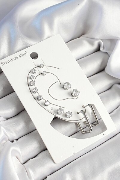 Inure Jewelry 316L Steel Rectangular Shaped and Zircon Stone Silver Color 7-Piece Pair Women's Earring Set for Daily Use