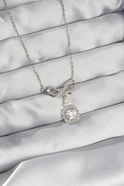 Inure Jewelry 316L الصلب الفضة اللون القوس التفاصيل الزركون حجر سوليتير قلادة