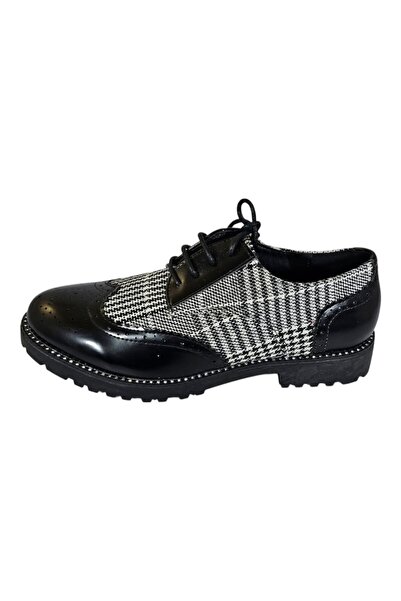 MeiMeiDa Mei Mei - Women's Brogue Shoes, Gingham Houndstooth Print, Laces and Decorative Crystals, Size 38