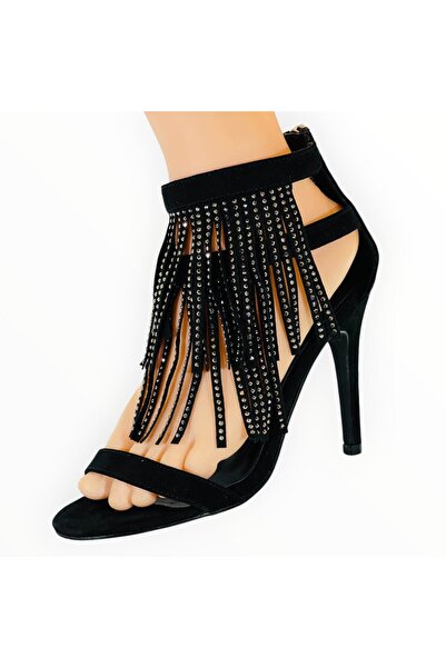 New Look Sandale cu Toc Inalt si Franjuri Suedette Negru, Marimea 37 EU