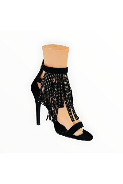 New Look Sandale cu Toc Inalt si Franjuri Suedette Negru, Marimea 37 EU