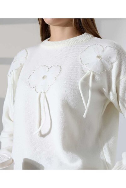 MILANOFOX Дамски пуловер с дълги ръкави, с апликация от цветя и бродерия с мъниста, с обло деколте