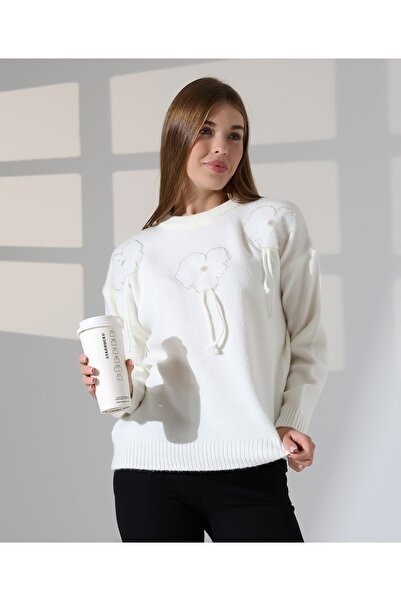 MILANOFOX Дамски пуловер с дълги ръкави, с апликация от цветя и бродерия с мъниста, с обло деколте