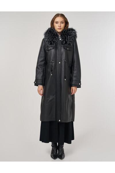 Kayra Fur Detailed Faux Leather Coat Black