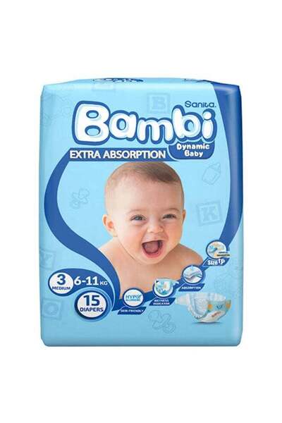 Sanita Bambi حفاضات أطفال، مقاس 3، من 6 إلى 11 كجم، 15 قطعة - متوسطة، عبوة عا...