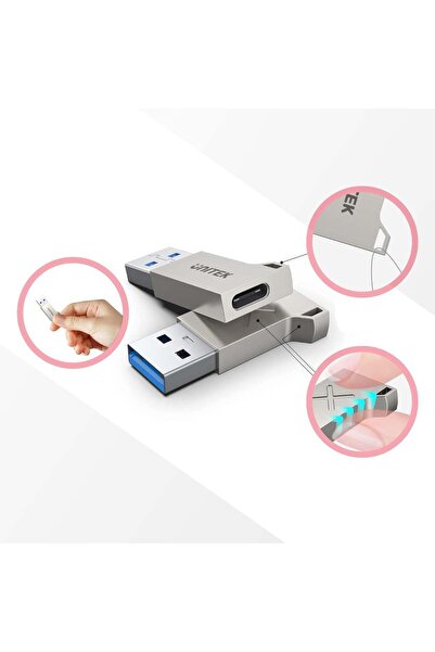 Unitek محول USB-A إلى USB-C من الزنك، USB 3.0 فائق السرعة 5 جيجابت في الثانية، غلاف من سبائك الزنك، فضي | A1034NI