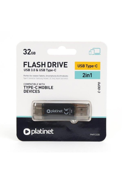Platinet 32 Gb USB 3.0 and USB type C memory, 45451, write 40 Mb/s, read 100 Mb/s, with cap, black