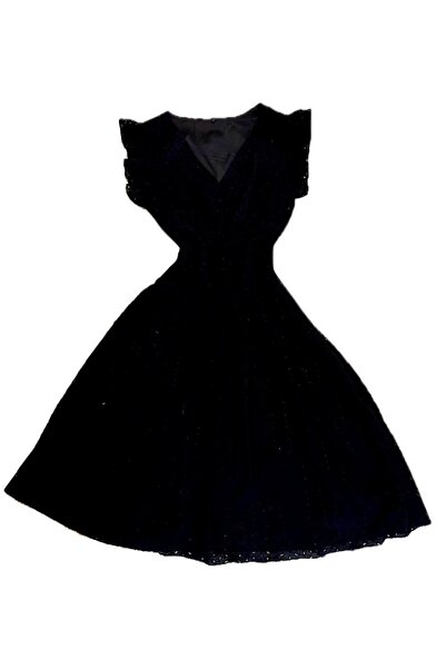 SOLOBUY Women's Summer Cotton Dress, Black, V-Neck, Short Flutter Sleeves, Knee Length, Stretchable Waistban