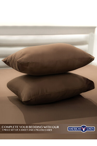 American Linen Single Plain Fitted Elastic Bedsheet with 1 Pillow Case 90 x 190 Cm (Coffee Brown)