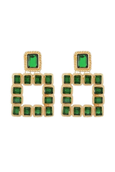 Pursehuit Χρυσά, τετράγωνα σκουλαρίκια με πράσινες πέτρες, Solfrid C3