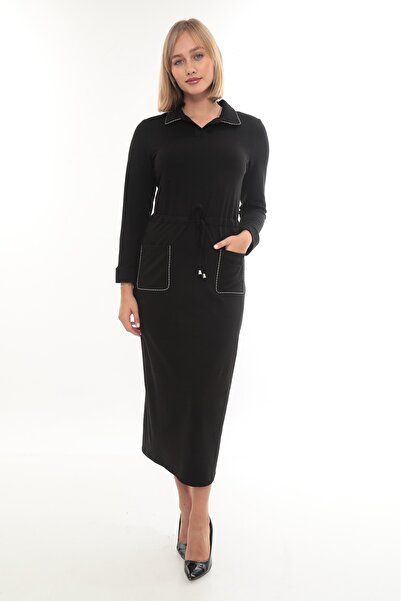 etselements Rochie cu buzunar, cu guler, cu centură de tip turban