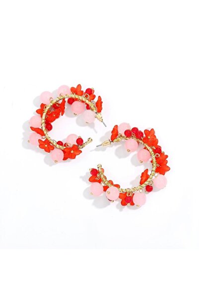 Pursehuit Gold earrings, semi-round, with red and pink beads, Cindi C1