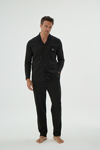 Sevim Erkek Uzun Kol Önden Düğmeli Desenli Siyah Pijama Takımı C2T4N69