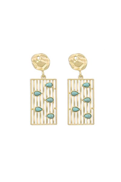 Pursehuit Gold-colored earrings, rectangular shape, with turquoise stones, Raisa C2