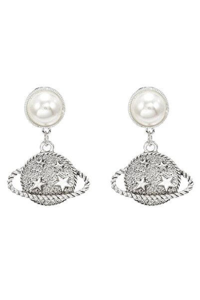 Pursehuit Cercei culoare argintie, formă de planetă Saturn, cu perlă, Fredrik...