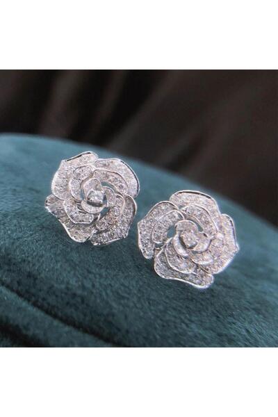 Pursehuit Cercei de culoare argintie, formă de trandafir, cu pietre de zircon...