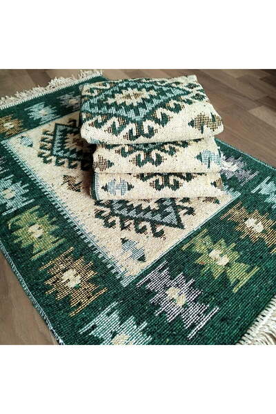 OEM Set 4 Traditional Woven Rugs, Cotton, Reversible, 60x90 cm, Green, ROMB Pattern