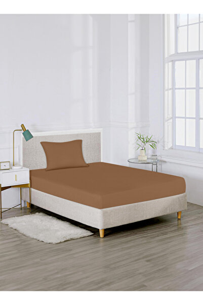 American Linen Single Plain Fitted Elastic Bedsheet with 1 Pillow Case 90 x 190 Cm (Coffee Brown)