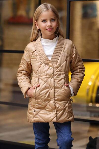 Riccotarz Girl's Puffy Cream Coat with Stripe Collar and Square Stitching Detail on Top, Pocket, and Snap Button Closure