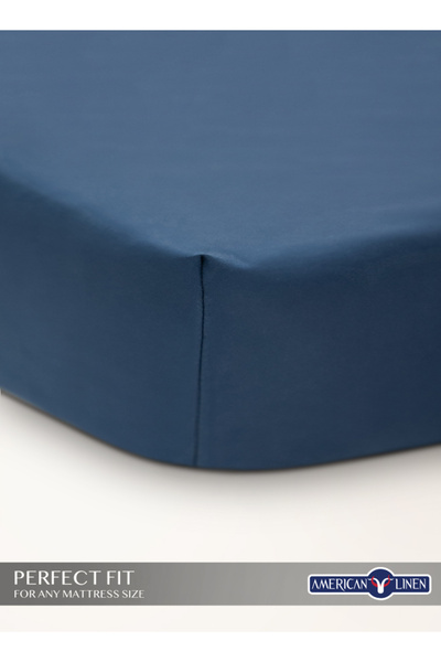 American Linen Double Plain Fitted Elastic Bedsheet with 2 Pillow Case 160 x 200 Cm Nave Blue