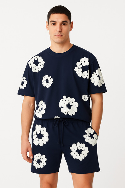 CLASSY.MODA Oversized Men's Set – Shorts and T-Shirt – Embossed Floral Print – Comfortable Summer Casual Outfit