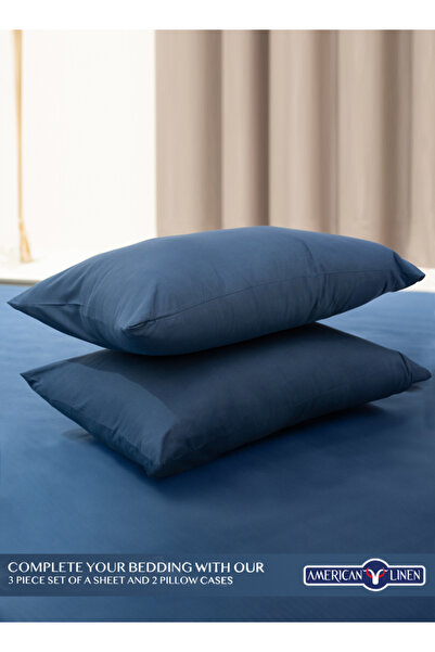 American Linen Double Plain Fitted Elastic Bedsheet with 2 Pillow Case 160 x 200 Cm Nave Blue