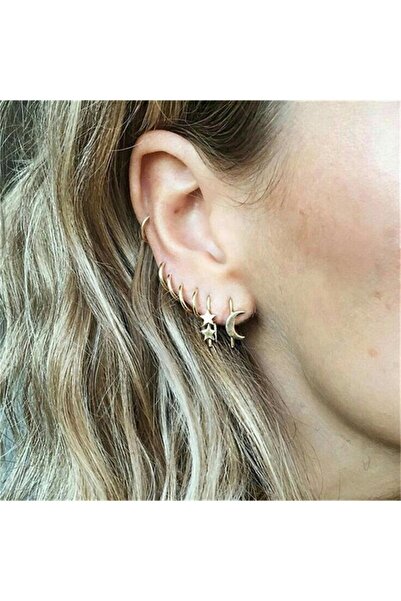 Pursehuit Set of 7 earrings, gold, ear cuff, with moon and stars, Asker C7